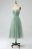 Matcha A Line Spaghetti Straps Tea Length Corset Tulle Bridesmaid Dress