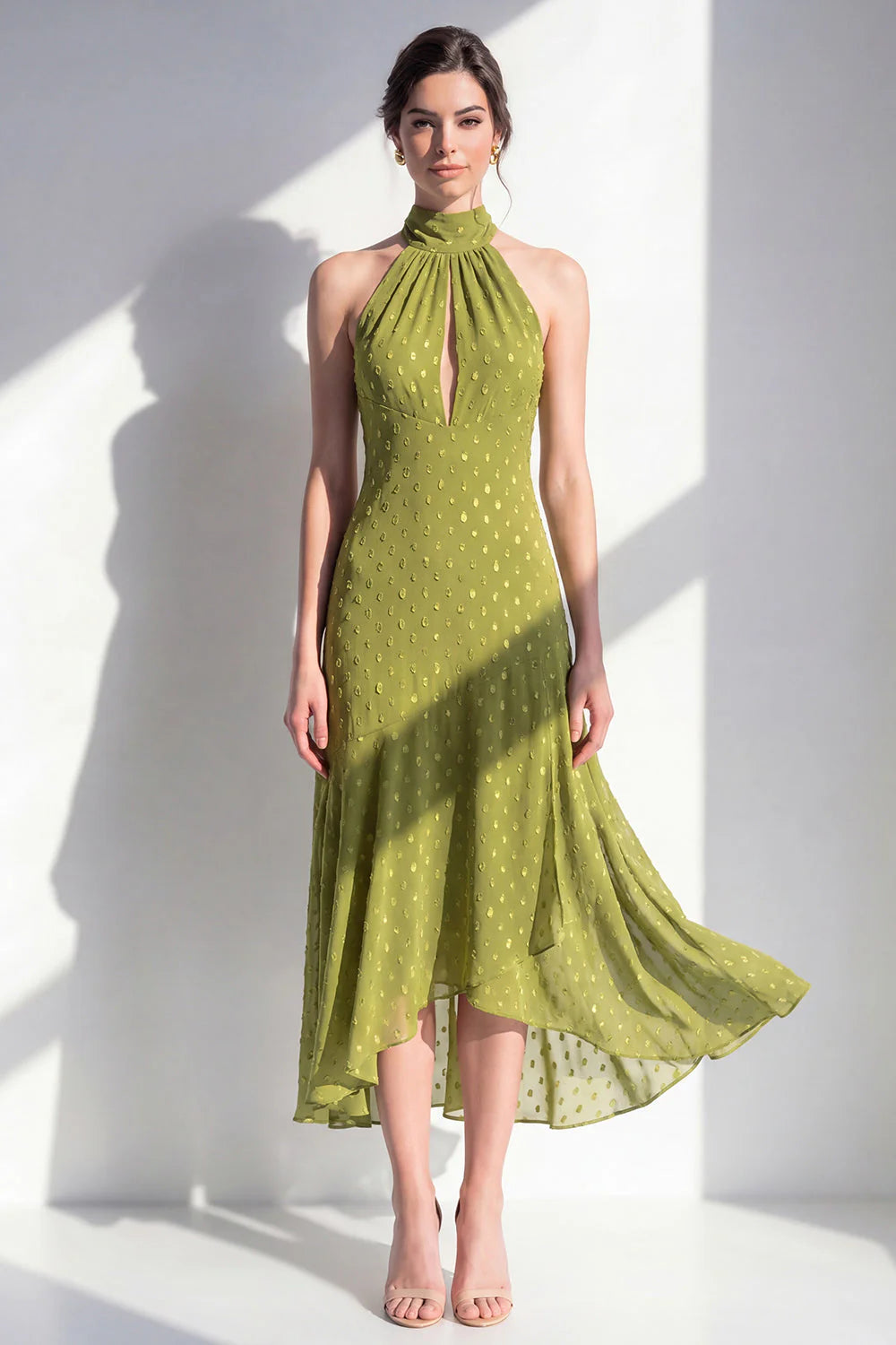 Halter A Line Olive Midi Wedding Guest Dress