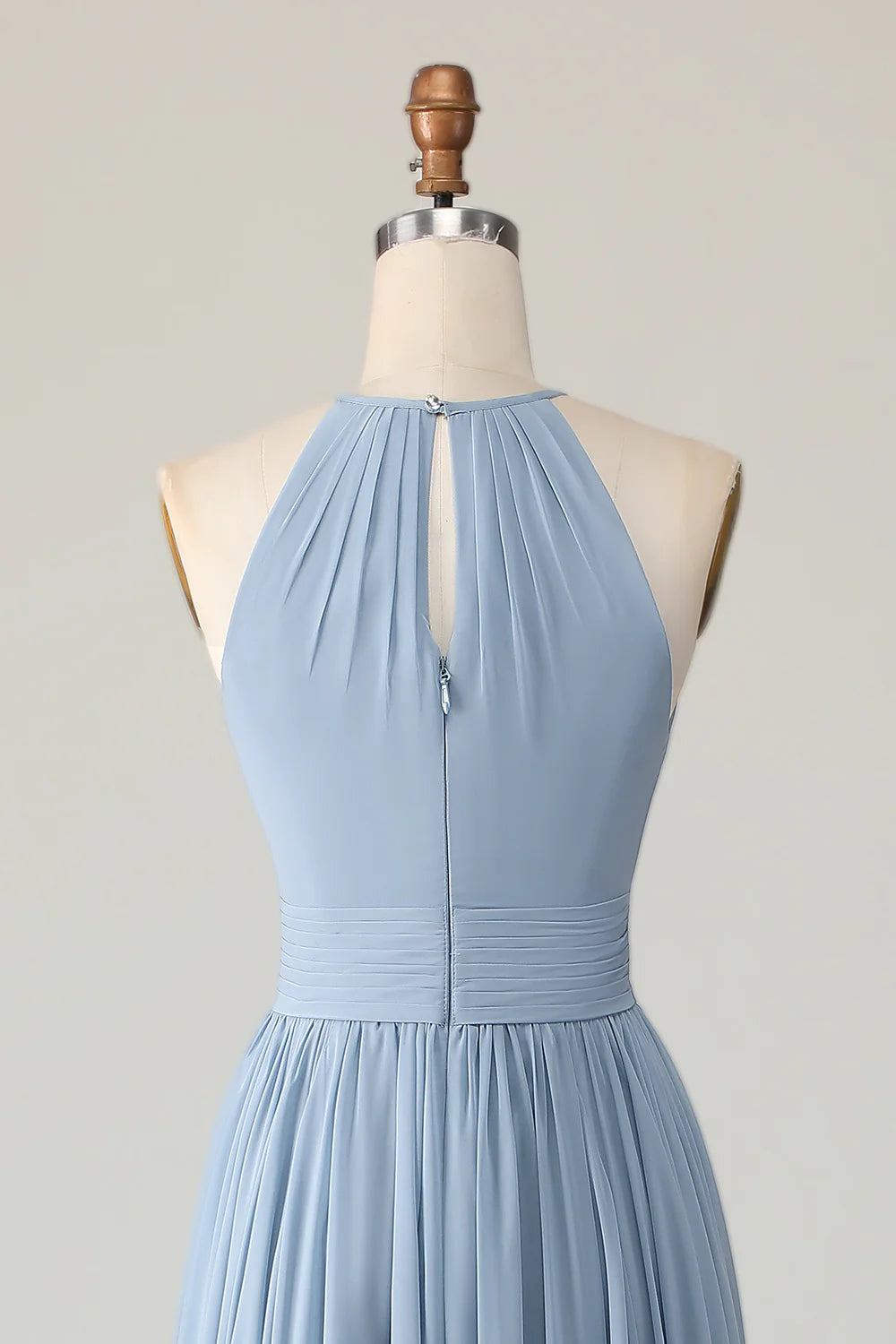 Dusty Blue Halter Ruched A Line Keyhole Chiffon Bridesmaid Dress