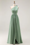 Green A Line One Shoulder Ruched Chiffon Long Bridesmaid Dress with Slit