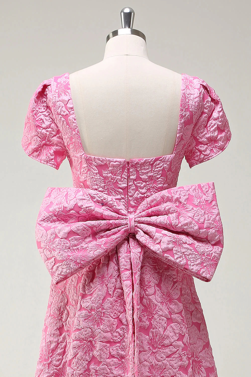 Fuchsia A Line Square Neck Bow Back Brocade Floral Maxi Prom Dress with Slit