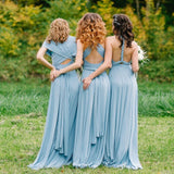 A Line Chiffon Convertible Sky Blue Bridesmaid Dress
