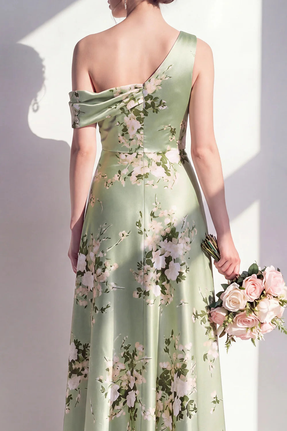 One Shoulder Sage Green A Line Satin Floral Bridesmaid Dress