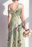 One Shoulder Sage Green A Line Satin Floral Bridesmaid Dress