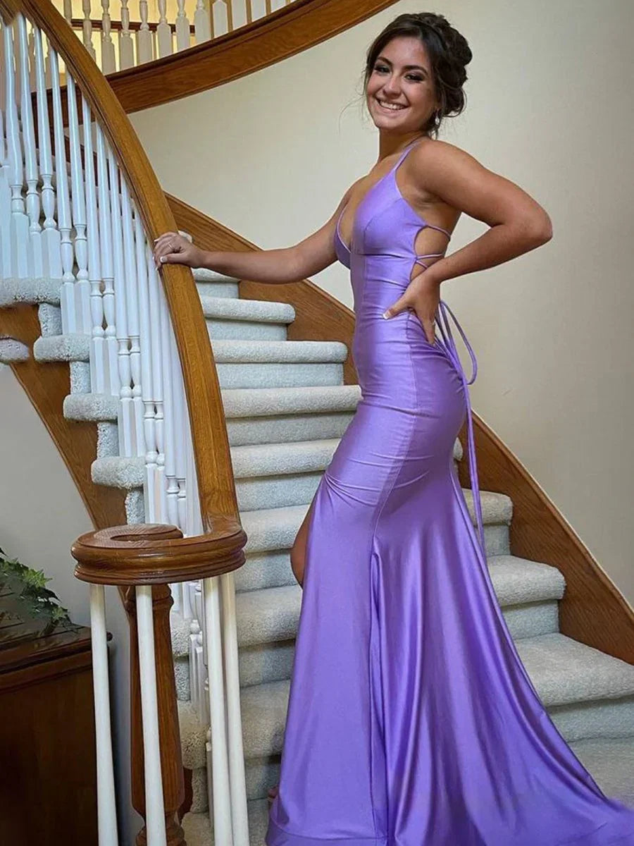 Kenny Lilac Straps Sheath Mermaid Prom Dress with Lace up Back