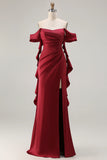 Burgundy Off The Shoulder Mermaid Ruffled Lace Up Back Long Bridesmaid Dress with Slit