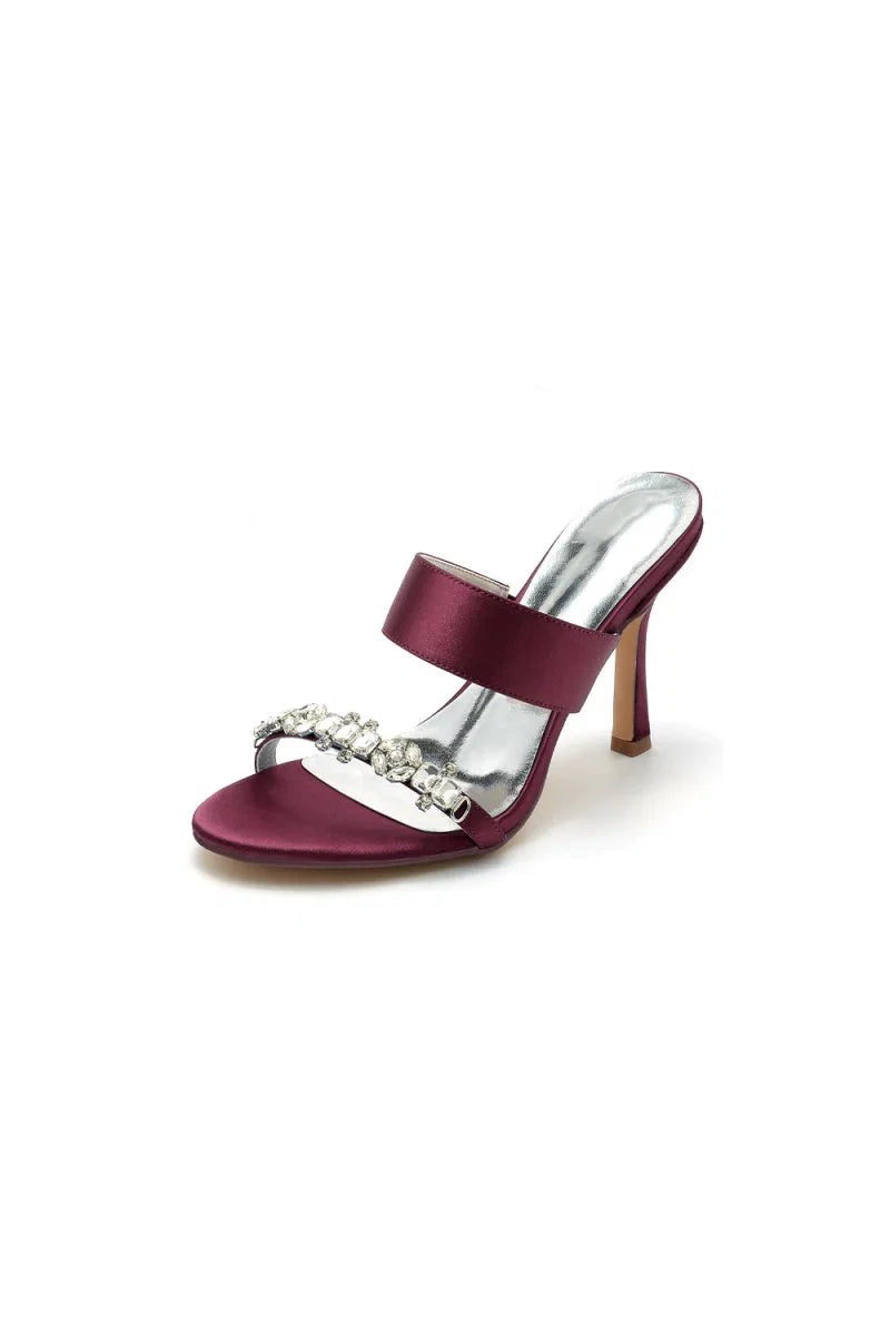 Open Toe Satin Strap Slip On High Heels With Rhinestone