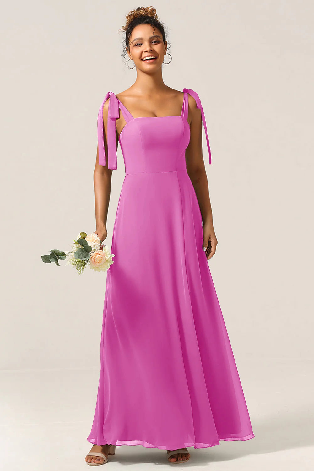 A Line Spaghetti Straps Floor Length Chiffon Bridesmaid Dress with Slit