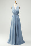 Dusty Blue A Line Chiffon Convertible Long Maternity Bridesmaid Dress