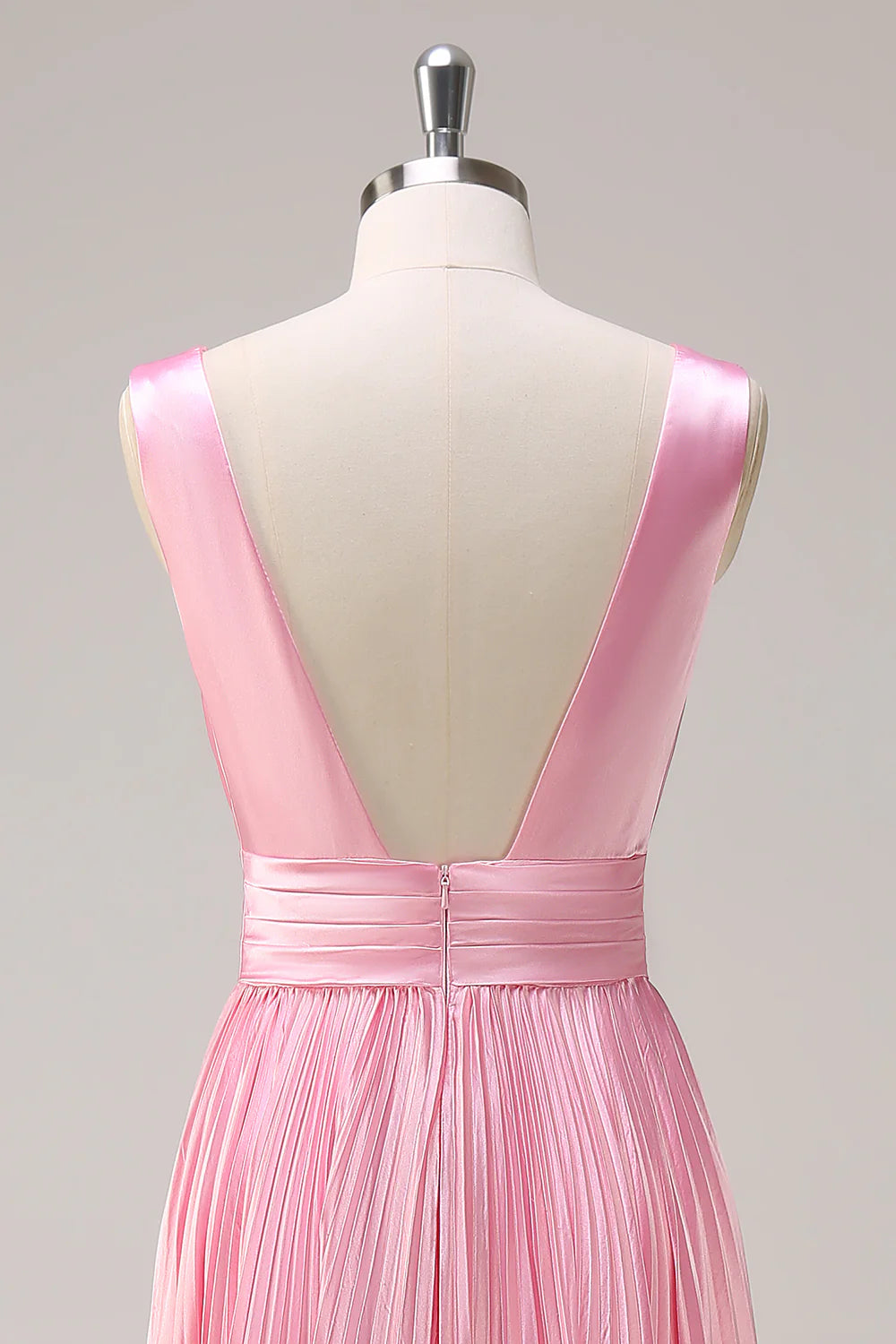 Pink A Line V Neck Ruched Open Back Bright Satin Long Bridesmaid Dress