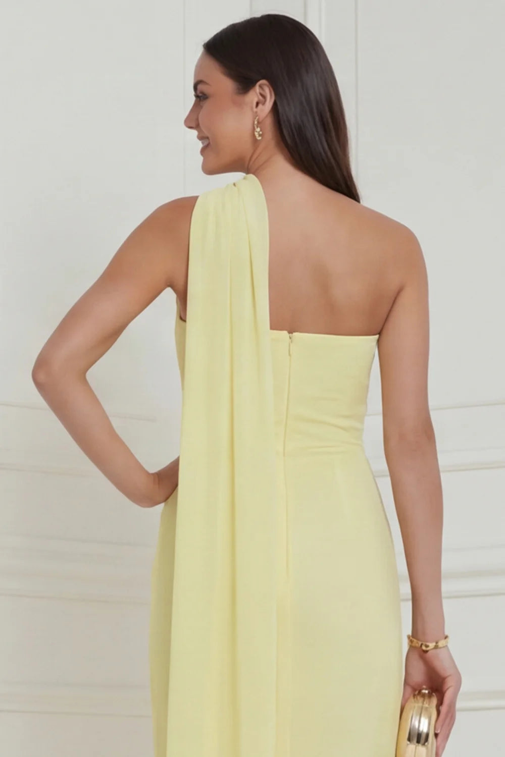 One Shoulder Sheath Daffodil Midi Wedding Guest Dress with 3D Flowers