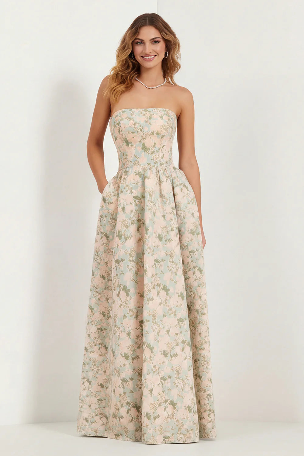 Blue Strapless Print A Line White Floral Long Satin Dress with Pockets
