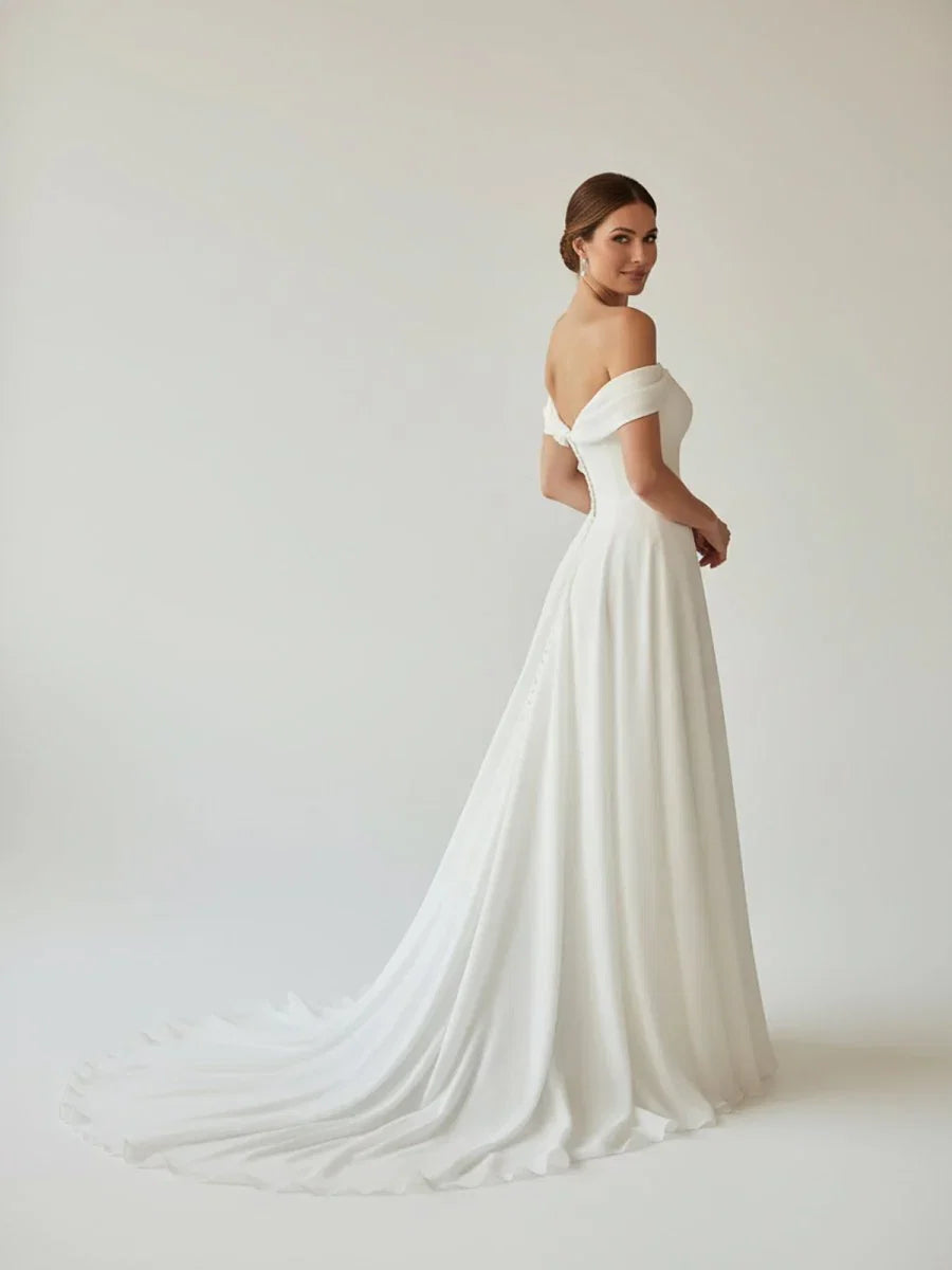 A Line Chiffon Sleeveless Off the Shoulder Wedding Dress with Ruching Floor Length