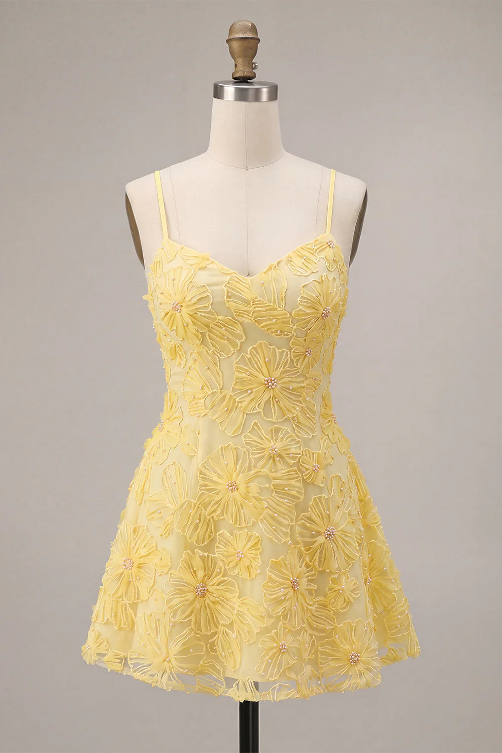 Yellow Floral Beaded A Line Short Homecoming Dress