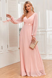 Blush A Line Chiffon V Neck Evening Dress with Long Sleeves