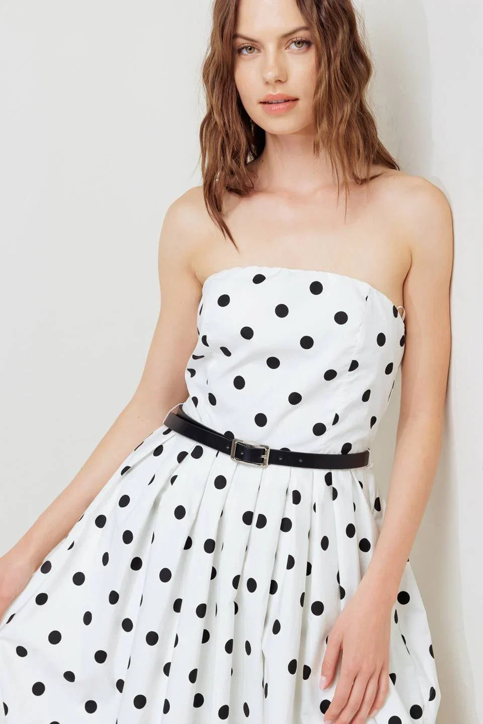 WHITE BLACK POLKA DOT BUBBLE HEM MIDI DRESS
