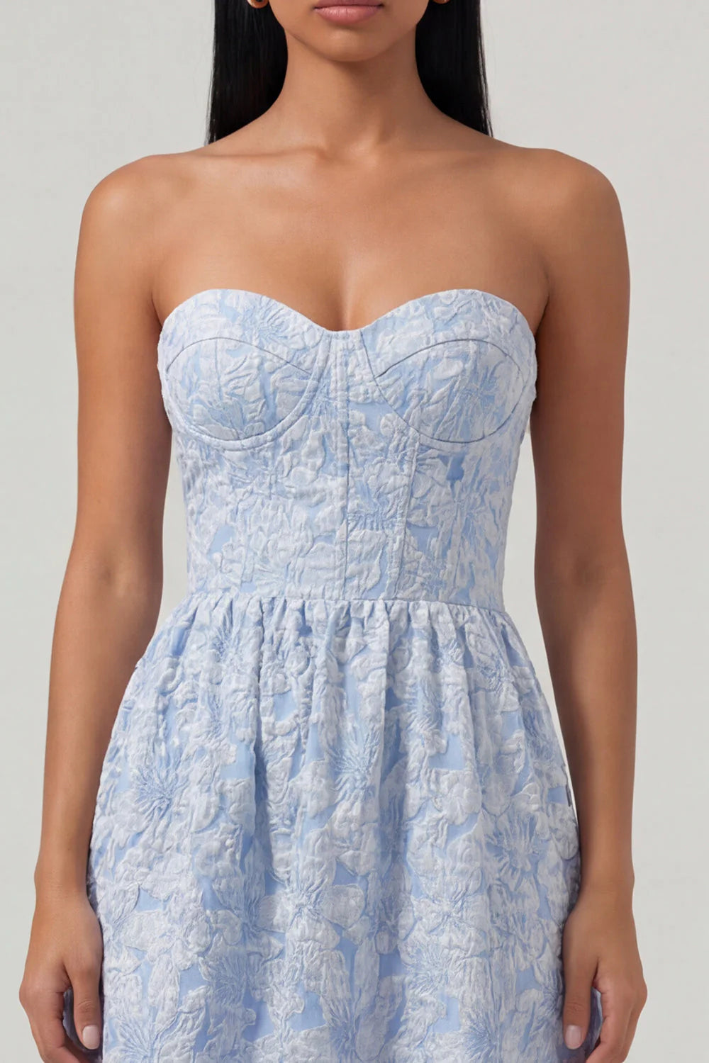 Blue Strapless Jacquard Corset Midi Wedding Guest Dress