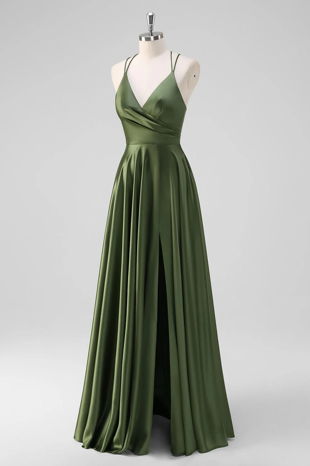 Olive A Line Spaghetti Straps Ruched Satin Long Bridesmaid Dress