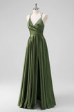 Olive A Line Spaghetti Straps Ruched Satin Long Bridesmaid Dress
