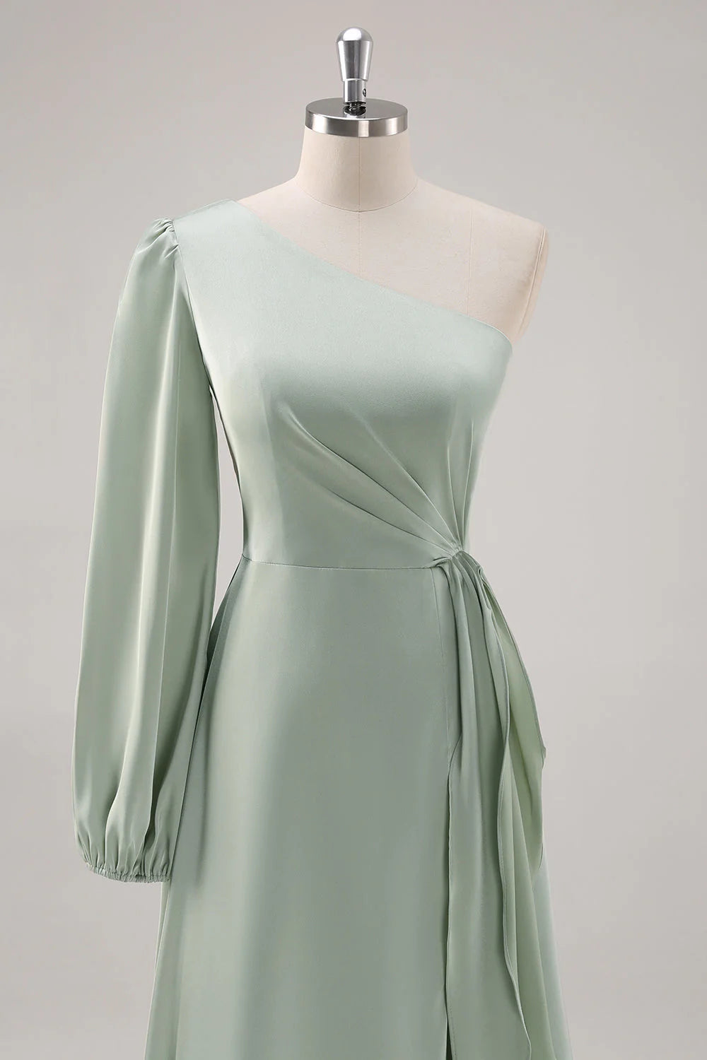 Sage Green A Line One Shoulder Ruched Long Bridesmaid Dress with Slit