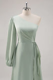 Sage Green A Line One Shoulder Ruched Long Bridesmaid Dress with Slit