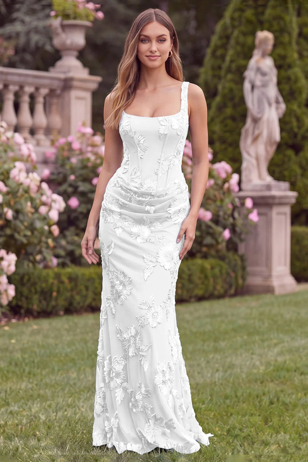 Lilac Floral Square Neck Mermaid Wedding Guest Dress with Scarf