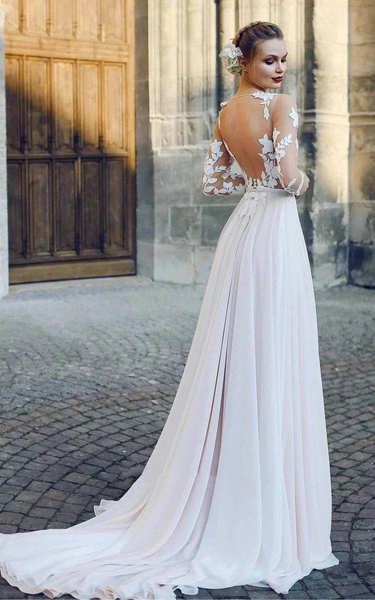 Bateau Illusion Long Sleeve Appliqued A Line Chiffon Wedding Dress
