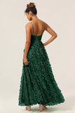 Dark Green A Line Spaghetti Straps Satin Long Bridesmaid Dress