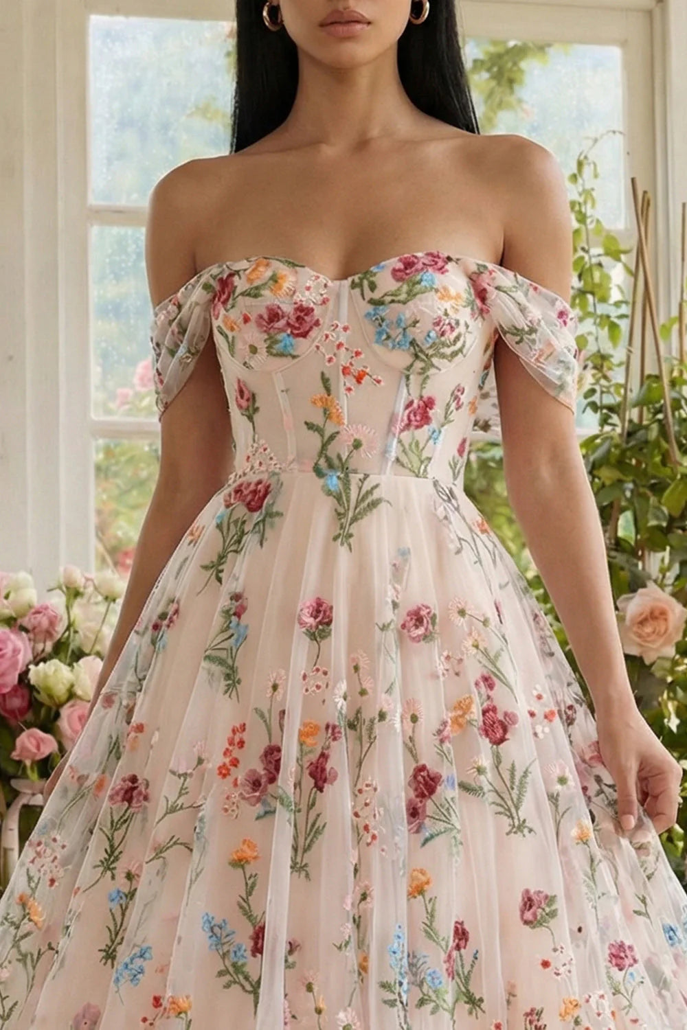 Black Off the Shoulder Floral A Line Midi Wedding Guest Dress