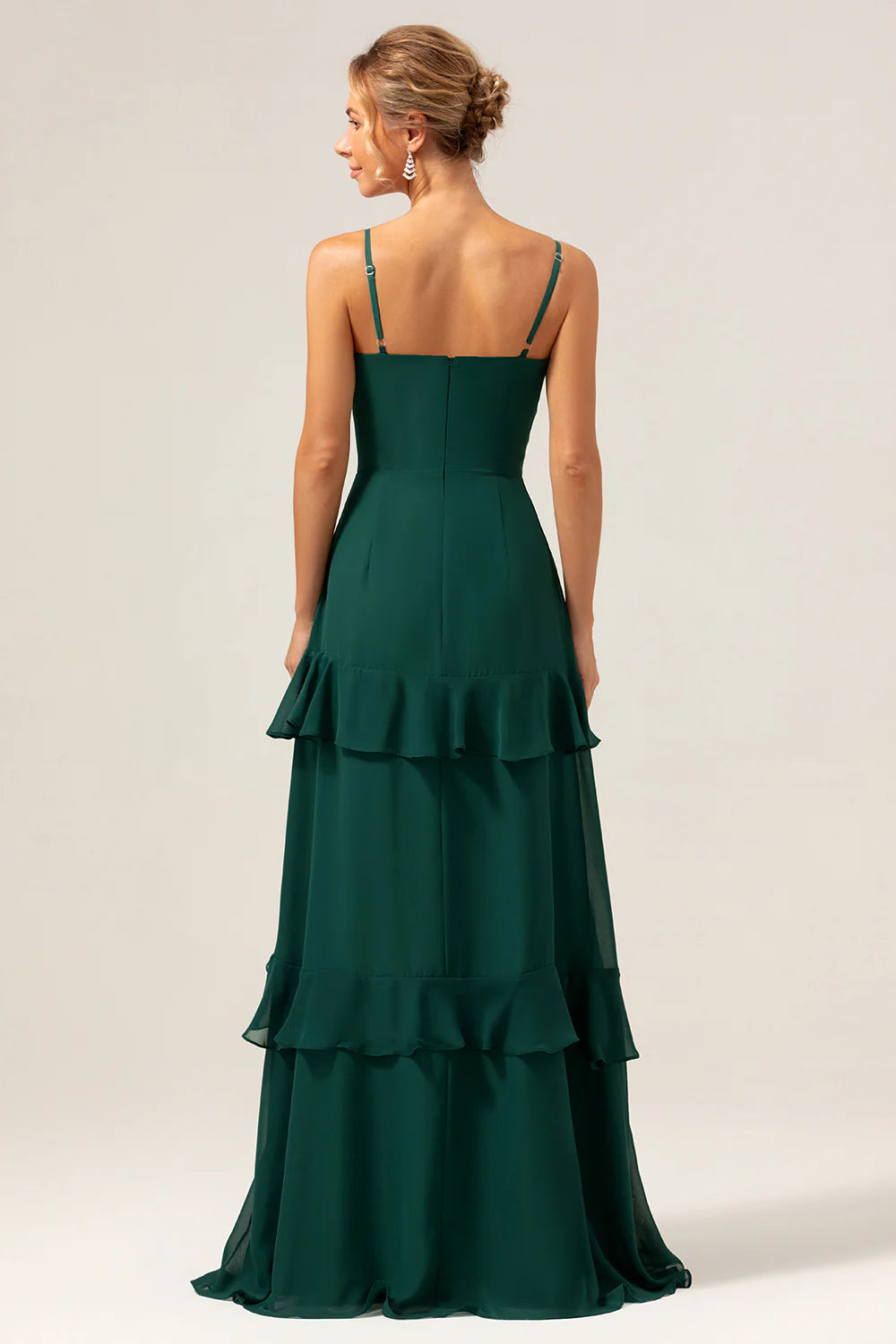 Dark Green A Line V Neck Ruffled Chiffon Tiered Long Bridesmaid Dress with Slit