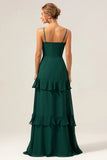 Dark Green A Line V Neck Ruffled Chiffon Tiered Long Bridesmaid Dress with Slit