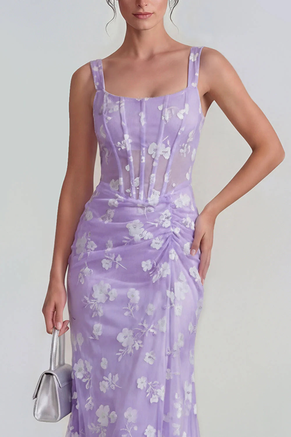 Floral Pink Ruched Mermaid Corset Wedding Guest Dress
