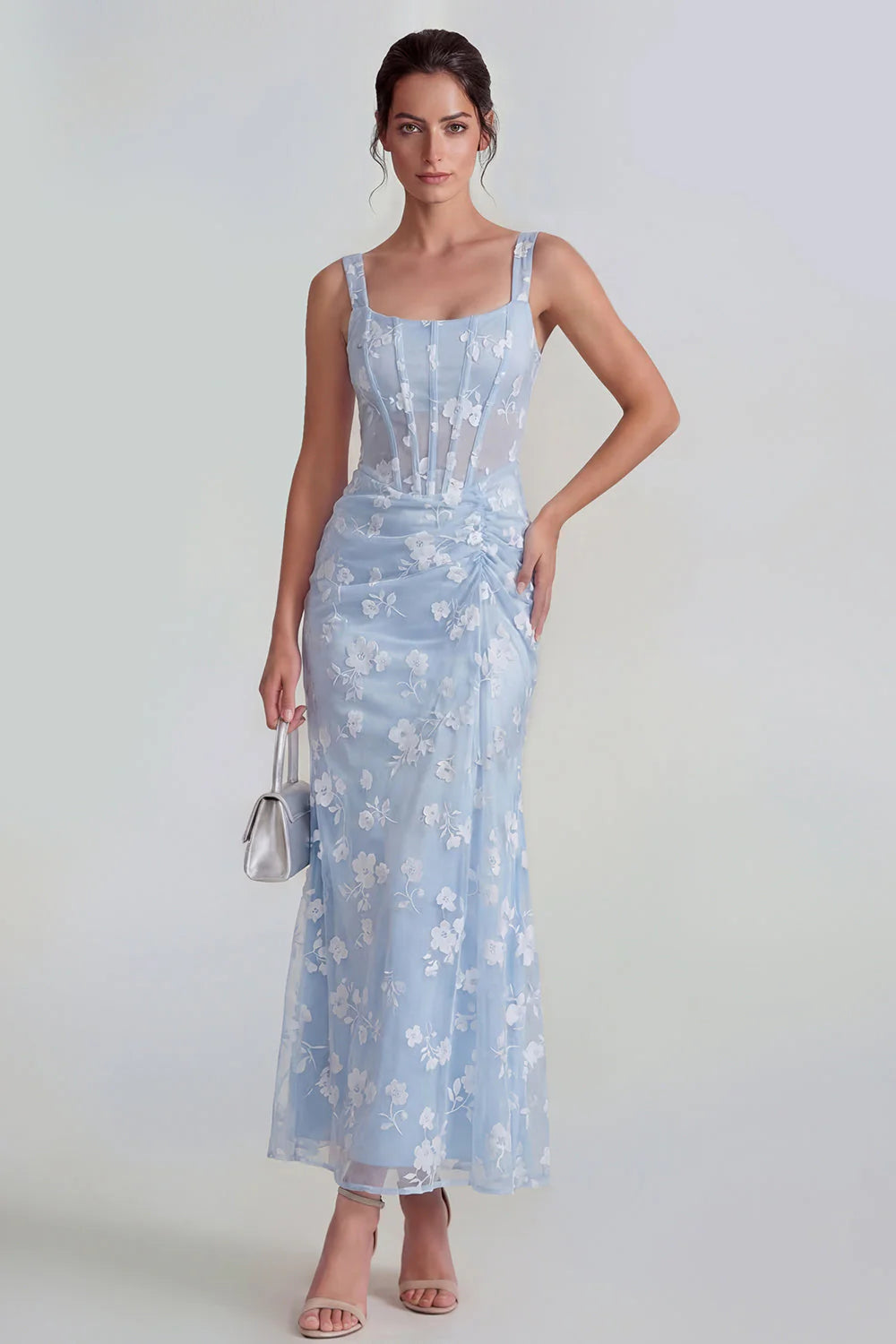 Floral Pink Ruched Mermaid Corset Wedding Guest Dress