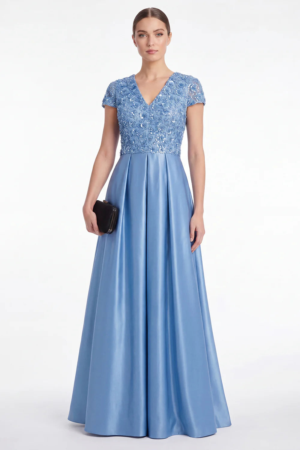 Champagne Sequin A Line V Neck Mother of the Bride Dress with Short Sleeevs
