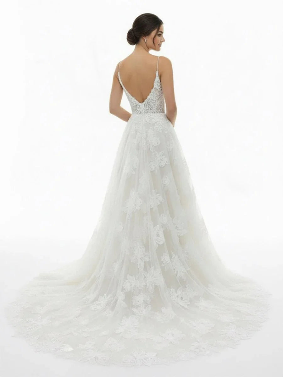 Boho White A Line Lace Appliques Wedding Dress