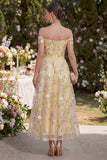 Floral Light Yellow Off the Shoulder Long Wedding Guest Dress