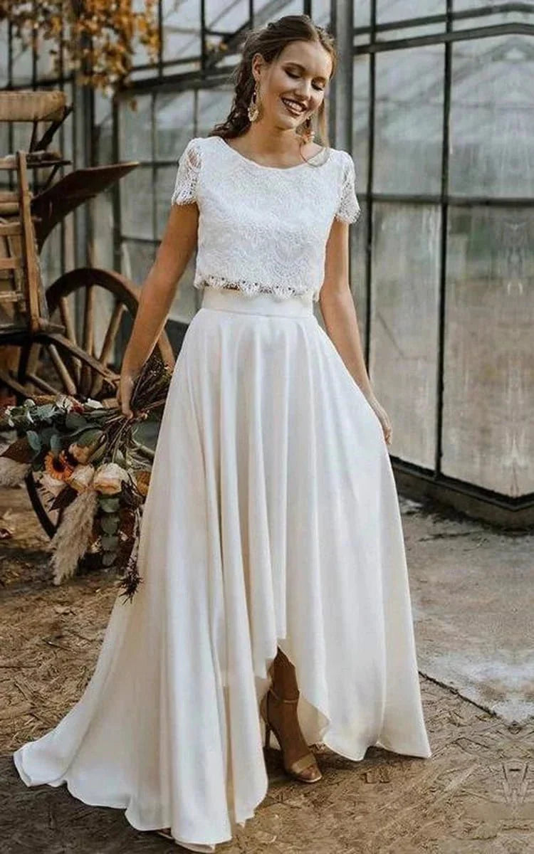 Vintage Boho Two Piece Bateau Satin and Lace Short Sleeve Wedding Dress with Pleats and Sweep Train