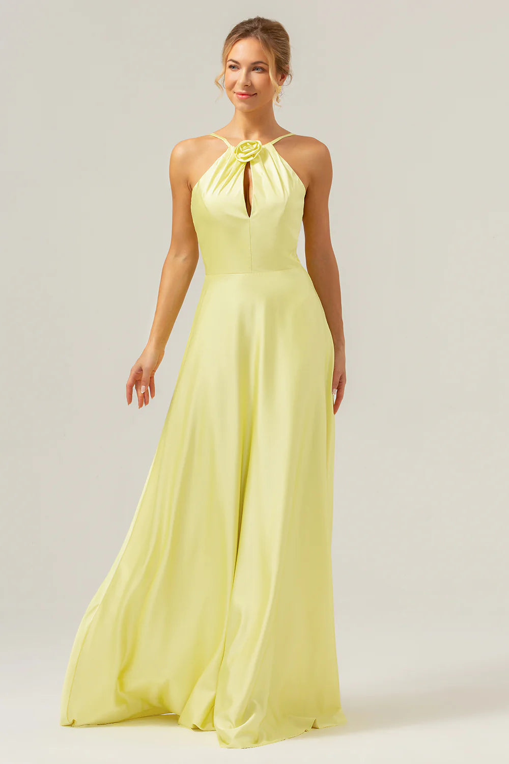 Yellow A Line Halter Backless Floor Length Bridesmaid Dress with Flower