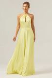 Yellow A Line Halter Backless Floor Length Bridesmaid Dress with Flower