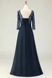 Navy Scoop Neck Appliqued A Line Long Chiffon Dress with 3 4 Sleeves