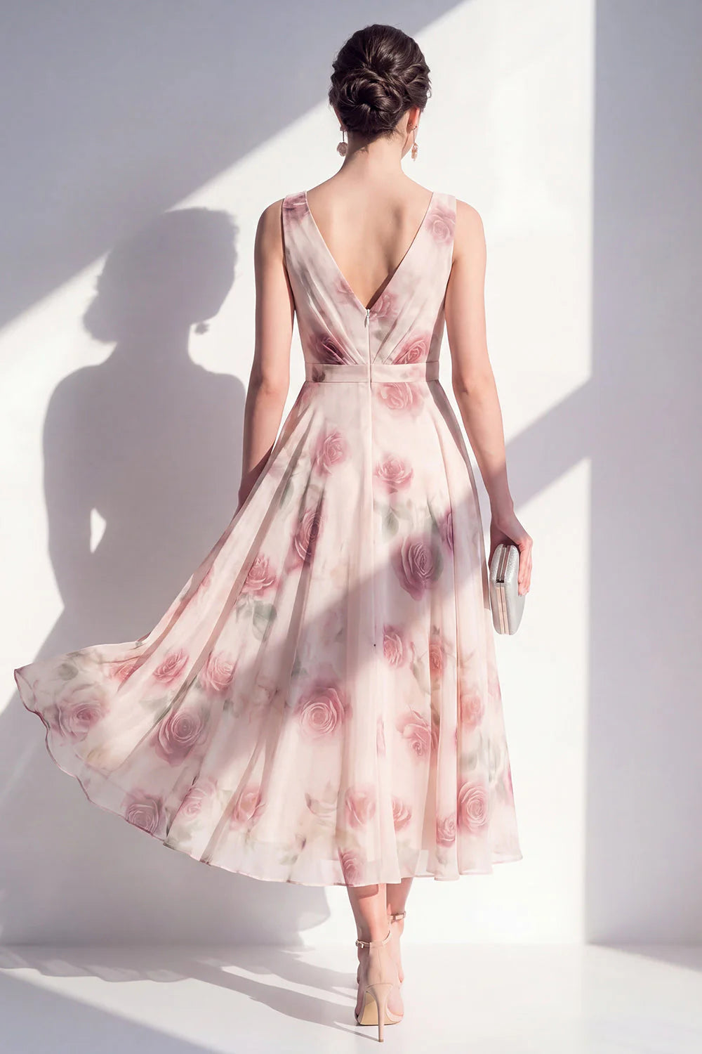 Blush Floral A Line V Neck Midi Wedding Guest Dress