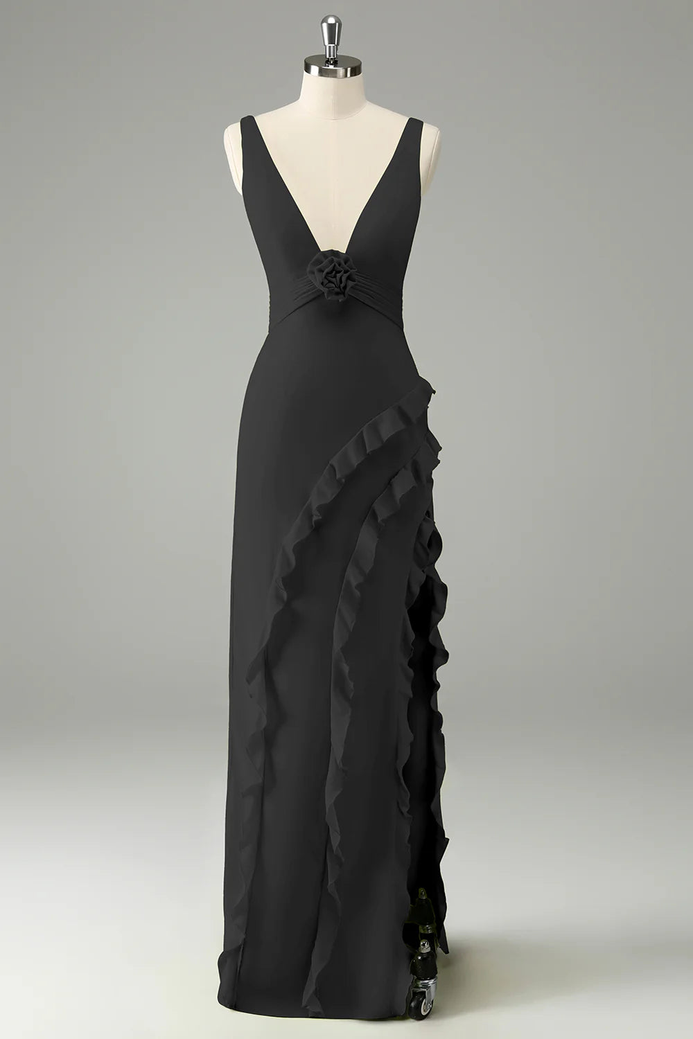 Lime A Line V Neck Floral Ruffle Open Back Bridesmaid Dress with Slit