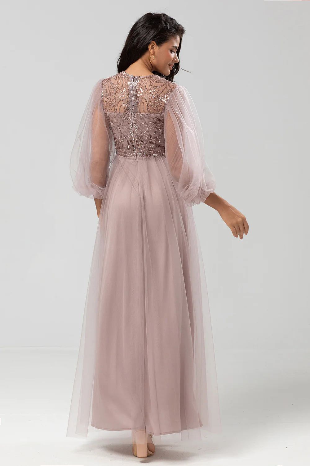 A Line Tulle Beaded Dusty Blue Bridesmaid Dress With Long Sleeves