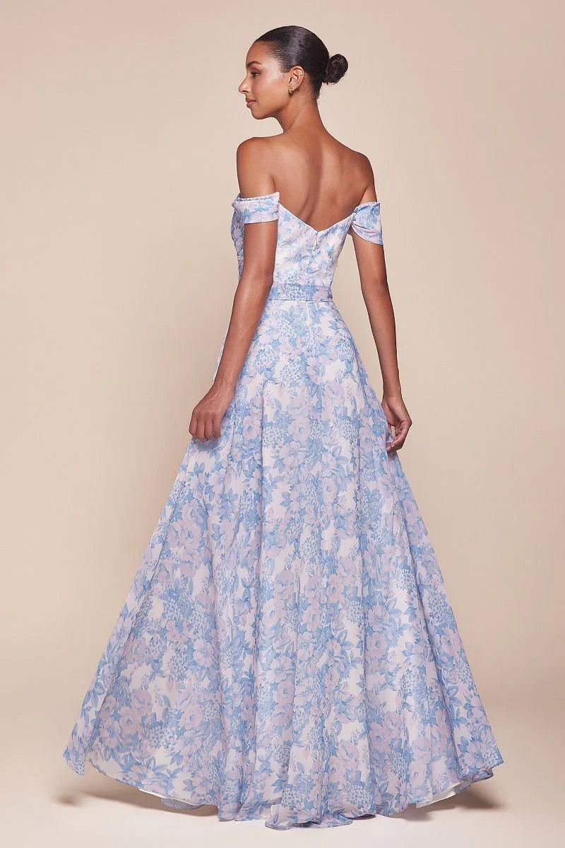 TILDA GOWN BLUE OFF THE SHOULDER FLORAL PRINTED A LINE DRESS