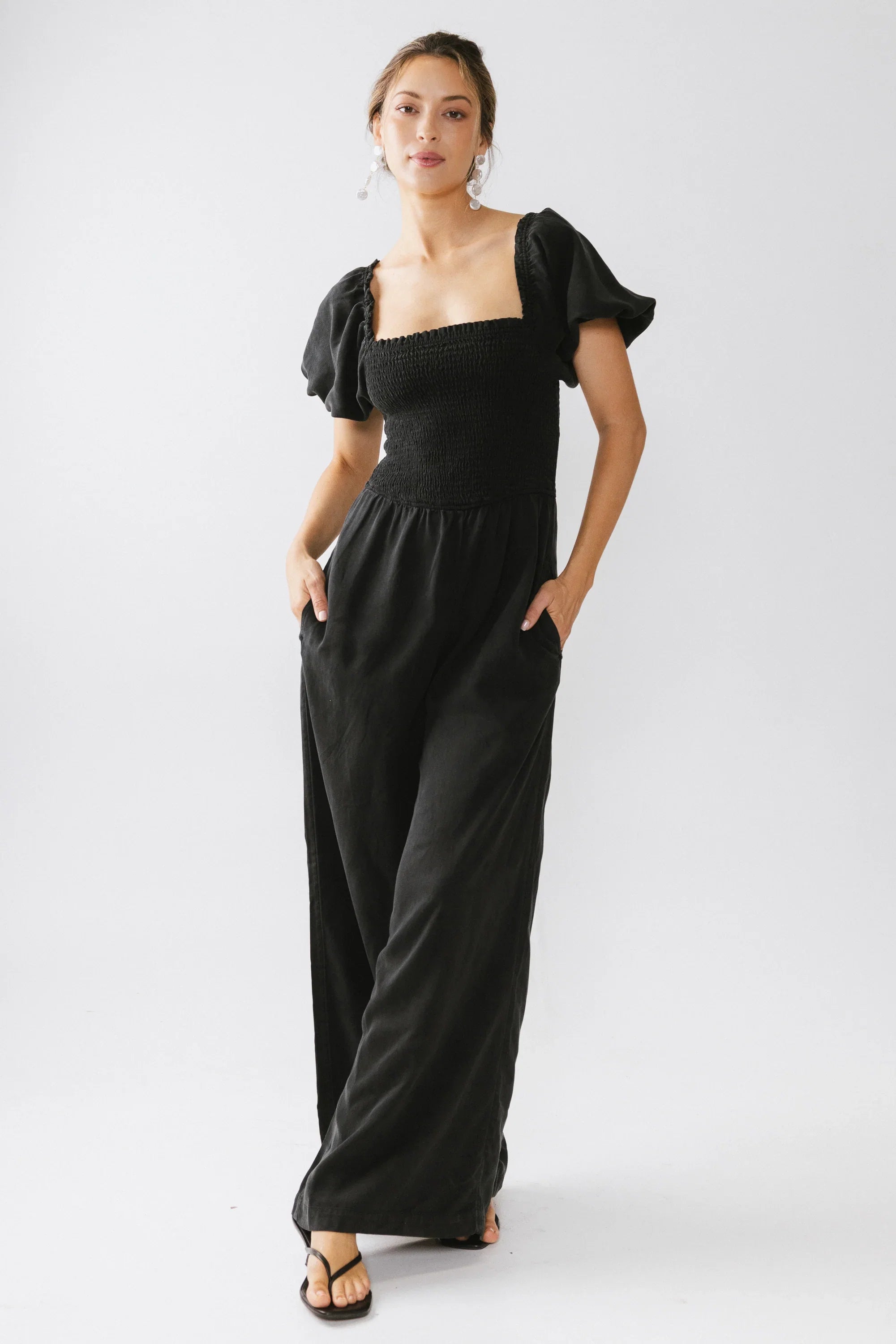 Piper Smocked Jumpsuit in Washed Black