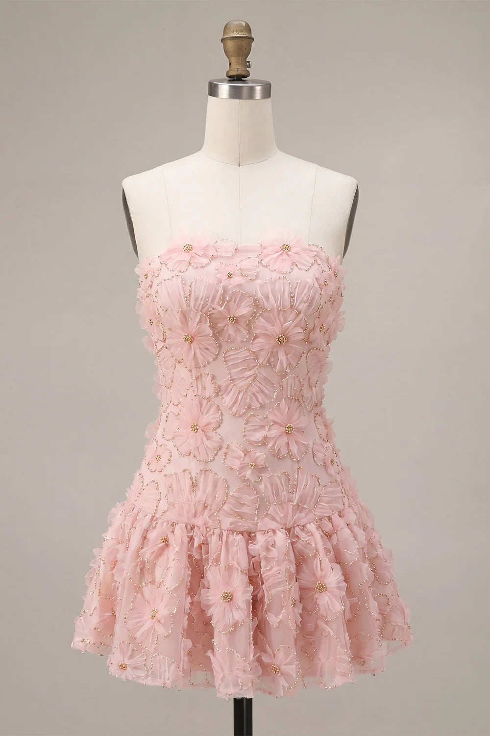 Pink Beaded A Line Strapless Short Homecoming Dress