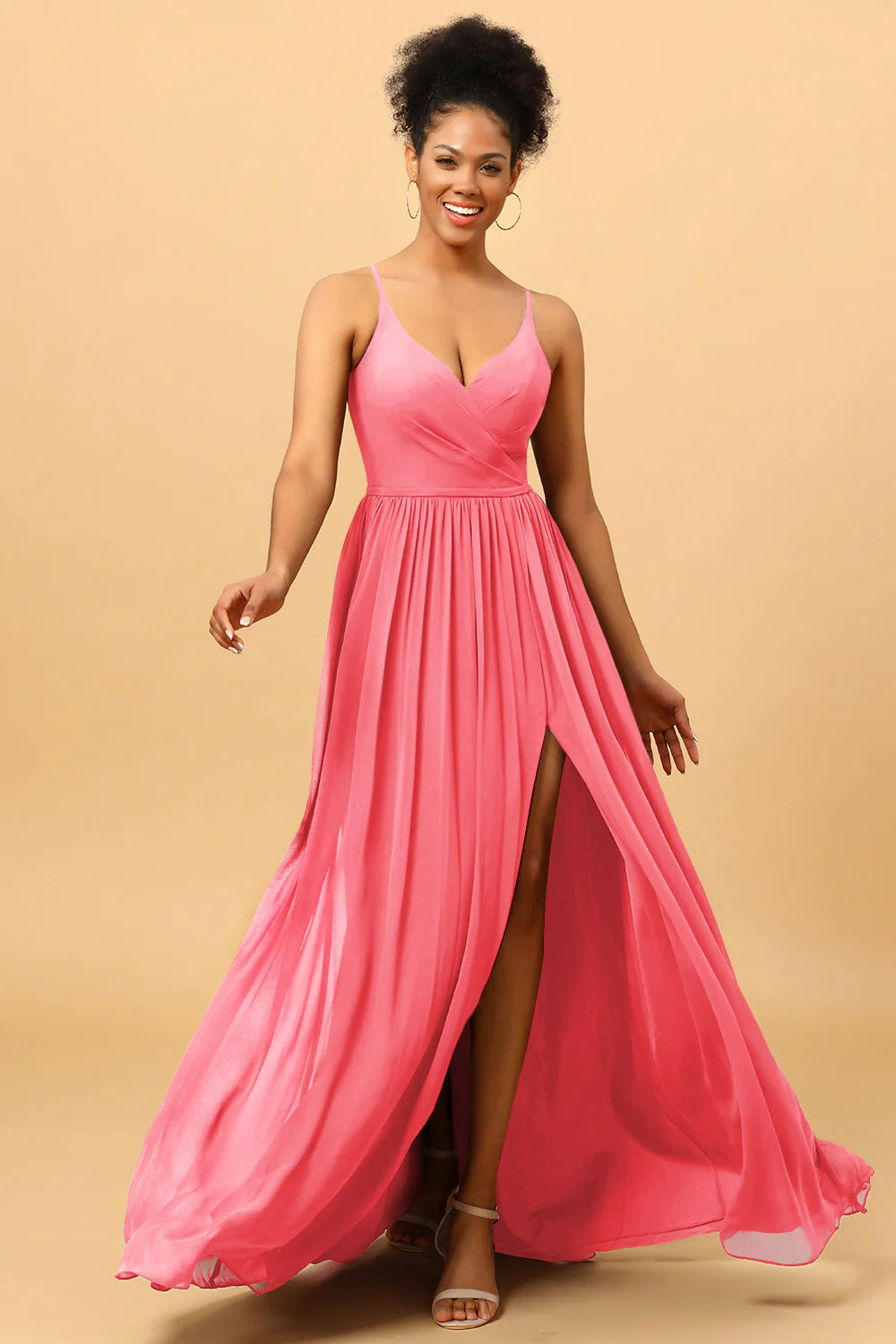 A Line Spaghetti Straps Ruched Long Chiffon Bridesmaid Dress with Slit
