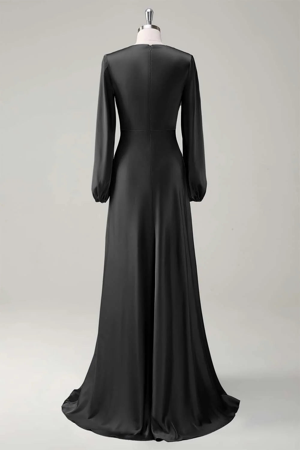 Agave A Line Round Neck Satin Long Bridesmaid Dress with Long Sleeves