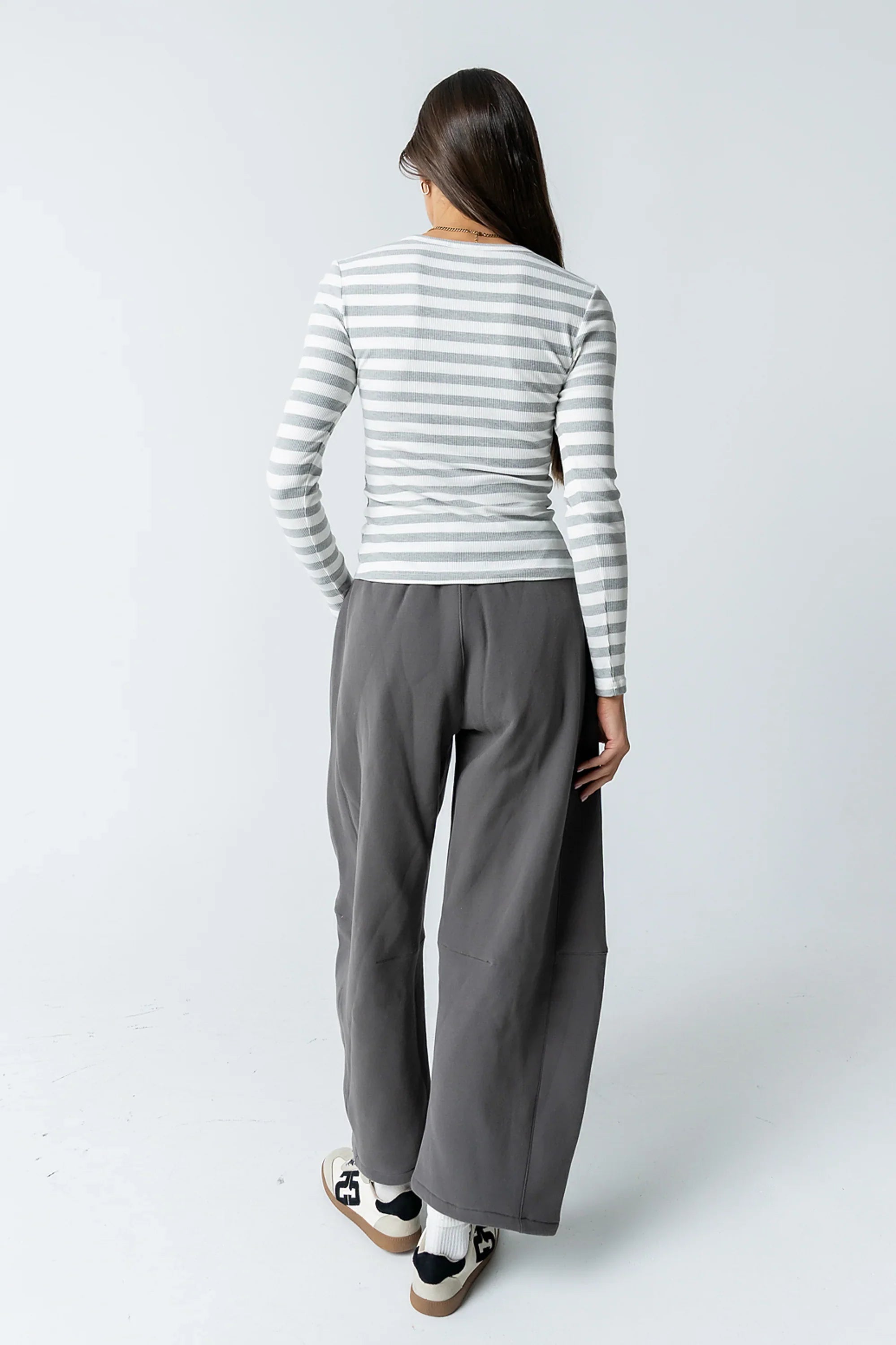 Mia Button Up Top in Striped Grey