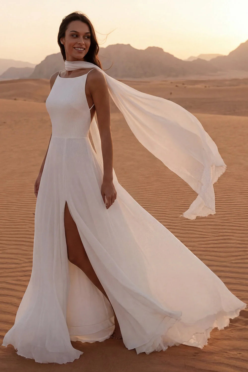 Simple A Line Ivory Backless Long Wedding Dress with Slit